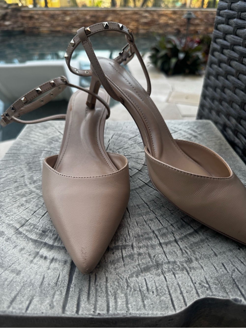 WHBM Studded Ankle-Strap Pointed-Toe Kitten Heels in Taupe